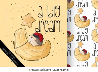 Cute animal baby hedgehog sleeping on the moon seamless pattern: can be used for cards, invitations, baby shower, posters; with white isolated background
