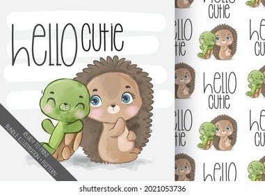Cute animal baby hedgehog with baby turtle seamless pattern