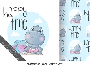 Cute animal baby hippo happy holiday time with seamless pattern