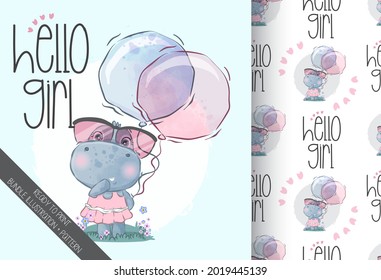 Cute animal baby hippo holding balloon with seamless pattern