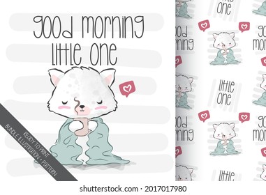 Cute animal baby kitten hold on coffee cup  with seamless pattern