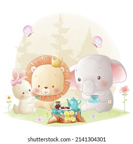 Cute animal Baby lion, bunny and elephant tea party illustration woodland friends having a picnic