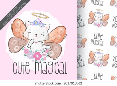 Cute animal baby magical kitten with seamless pattern