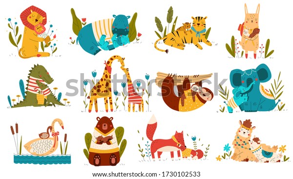 Cute animal baby and mom, parents love child cartoon
character, set isolated on white, vector illustration. Collection
of family stickers, happy mother and father with cub, zoo animals
cuddling hugs