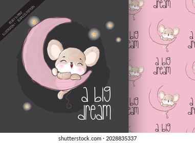 Cute animal baby mouse happy on the moon seamless pattern: can be used for cards, invitations, baby shower, posters; with white isolated background
 