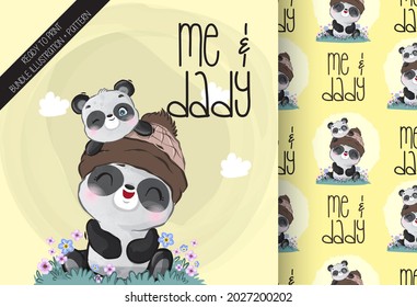 Cute animal baby panda with daddy seamless pattern: can be used for cards, invitations, baby shower, posters; with white isolated background
 