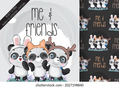 Cute animal baby panda and friend seamless pattern: can be used for cards, invitations, baby shower, posters; with white isolated background
