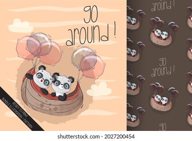 Cute animal baby panda happy flying with balloon seamless pattern: can be used for cards, invitations, baby shower, posters; with white isolated background
