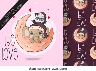 Cute animal baby pandas with elephant happy on the moon seamless pattern: can be used for cards, invitations, baby shower, posters; with white isolated background
 
