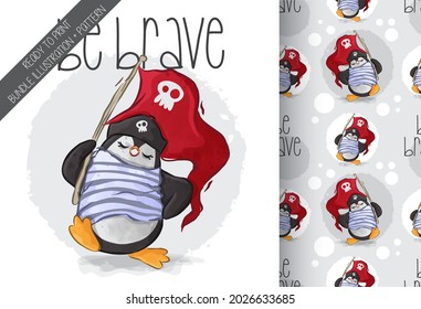 Cute animal baby penguin pirates seamless pattern: can be used for cards, invitations, baby shower, posters; with white isolated background
