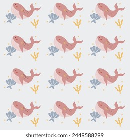 Cute animal baby print. Cute whale pattern for kids. Cute characters. Underwater background