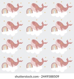 Cute animal baby print. Cute whale pattern for kids. Cute characters. Underwater background