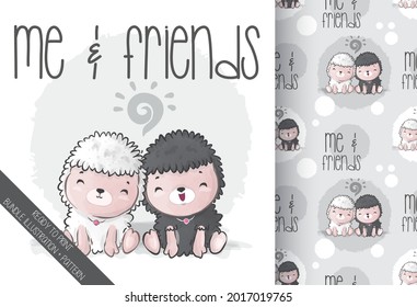 Cute animal baby sheep with friend seamless pattern