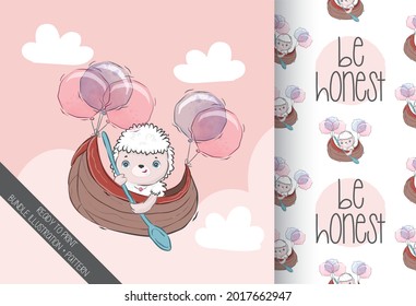 Cute animal baby sheep happy flying with seamless pattern