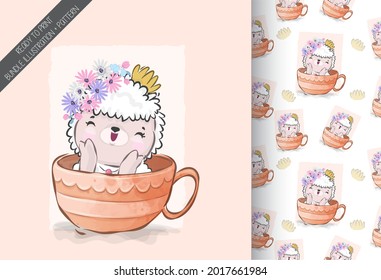 Cute animal baby sheep on the cup seamless pattern