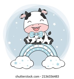 cute animal baby shower birthday greeting card, baby cow boy sitting on blue rainbow, nursery kid cartoon animal farm clipart for t shirt printable