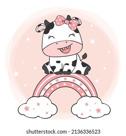 cute animal baby shower birthday girl greeting card, baby cow boy sitting on girl rainbow, nursery kid cartoon animal farm clipart for t shirt printable