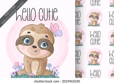 Cute Animal Baby Sloth With Butterfly Seamless Pattern