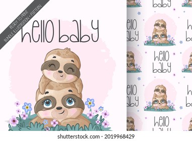 Cute animal baby sloth with daddy seamless pattern