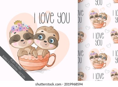  Cute animal baby sloth on the cup seamless pattern