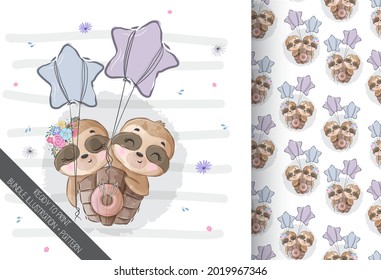 Cute animal baby sloth sleeping happy flying seamless pattern 