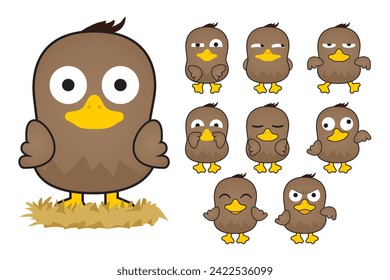 Cute Animal baby swan characters set. farm animal cartoon design of baby swan, duckling, chick in different pose. Adorable baby swan illustration for sticker, clipart, education.