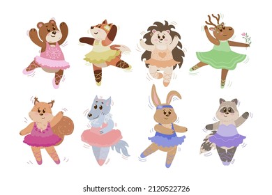 Dibujo de ilustraciones vectoriales con caracteres de bailarina animal. Conejo de bebés, zorro, lobo como hadas en tutus y coronas al estilo escandinavo. Concepto de ballet para diseños de tarjetas de cumpleaños o camisetas para niñas