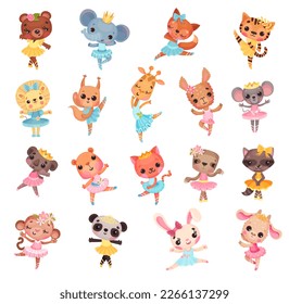 Cute Animal Ballerina in Tutu Skirt and Pointe Shoes Dancing Ballet Vector Set