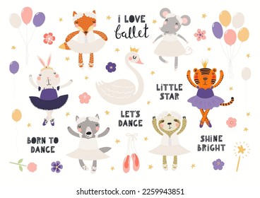 Geräumige tierische Ballerinas, Pointe-Schuhe, Blumen, Ballons, Zitate, großes Set einzeln auf Weiß. Handgezeichnete Vektorgrafik. Skandinavisches Flachdesign. Kindspuren, Zeichen, Elementsammlung