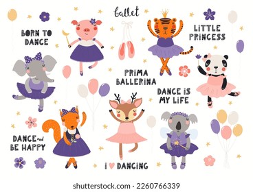 Cute animal ballerinas, pointe shoes, flowers, balloons, quotes, big set isolated on white. Hand drawn vector illustration. Scandinavian style flat design. Kids prints, characters, elements collection