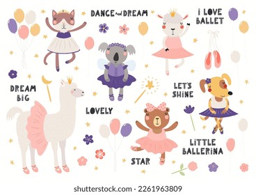 Balerinas animales, zapatillas de punta, flores, globos, citas, un gran conjunto aislado en blanco. Ilustración vectorial dibujada a mano. Diseño plano de estilo escandinavo. Impresiones para niños, caracteres, colección de elementos