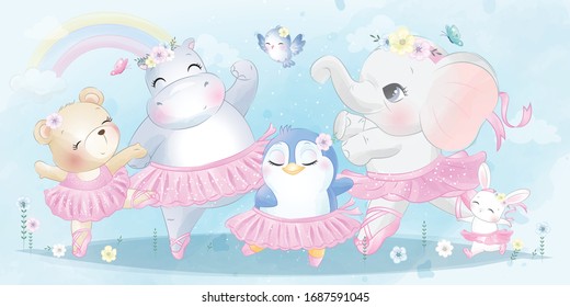 Cute animal ballet dancing with watercolor effect