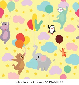 cute animal with balloon sky seamless pattern