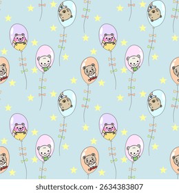 Cute animal balloons pattern on blue background
