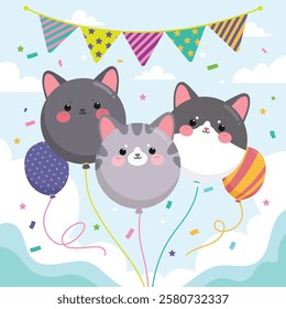 Cute animal Baloons cats illustration with flag and confetti for birthday celebration and childhood event decoration