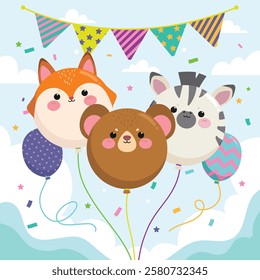 Cute animal Baloons fox bear zebra illustration with flag and confetti for birthday celebration and childhood event decoration