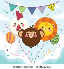 Cute animal Baloons hen chicken monkey ape lion illustration with flag and confetti for birthday celebration and childhood event decoration