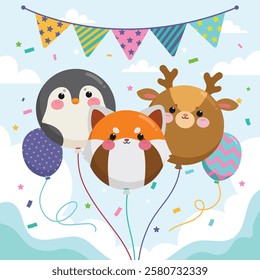 Cute animal Baloons penguins red panda deer illustration with flag and confetti for birthday celebration and childhood event decoration