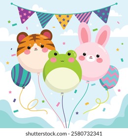 Cute animal Baloons tiger frog rabbit illustration with flag and confetti for birthday celebration and childhood event decoration