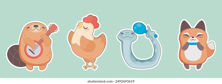 Linda banda de animales tocar en la caricatura de instrumentos musicales. Ilustración infantil con orquesta musical divertida. Castor con guitarra, gallo cantor, zorro con flauta, serpiente con maracas para el icono de la actuación del bosque