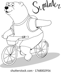 Oso animal lindo en una bicicleta, con letras de verano, para colorear libro caricatura ilustración vector dibujada a mano. Se puede usar para imprimir camisetas, los niños usan diseño de moda, tarjeta de invitación para ducha de bebé