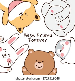 Cute animal with Best friend forever text.Cartoon character design.Doodle.Hand drawn.Kawaii.Image for card,poster,decor,kid product.Bear,penguin,elephant,shiba inu dog,rabbit.Vector.Illustration.