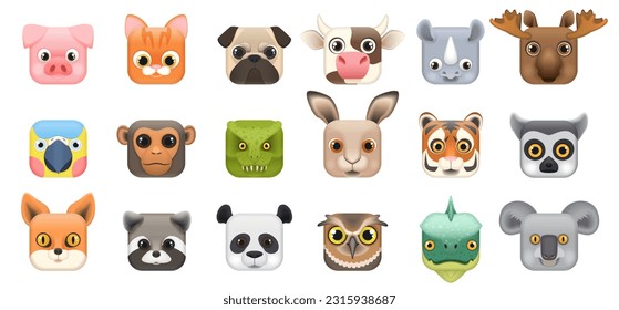 Cute animal and bird faces set, icons of square shape vector illustration. Cartoon isolated funny heads of forest and farm characters, mobile buttons and kawaii stickers collection for childs games