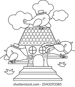 Cute Animal Bird House Cartoon Coloring Activity for Kids and Adult