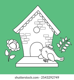 Diseño de la casa de pájaro animal lindo de dibujos animados Digital Stamp Outline