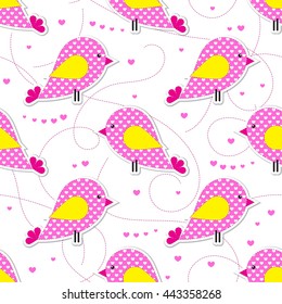 Cute animal bird seamless pattern. Childish wallpaper. Cartoon graphic background. Sweet pet design. Funny character illustration