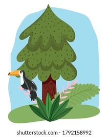 cute animal bird toucan in branch foliage tree cartoon design vector illustration