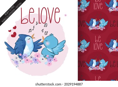  Cute animal birds happy  singing seamless pattern: can be used for cards, invitations, baby shower, posters; with white isolated background
