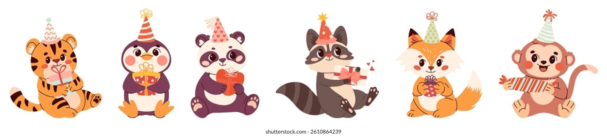 Cute animal birthday vector stickers set. Cartoon raccoon, panda, tiger, penguin, fox and monkey with party hats, gifts, balloons and confetti. Fun and colorful celebration clipart for kids, cards