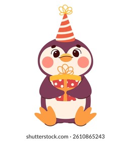 Cute animal birthday vector stickers set. Cartoon  penguin with party hats, gifts, balloons and confetti. Fun and colorful celebration clipart for kids, greeting cards, invitations, and scrapbooking.
